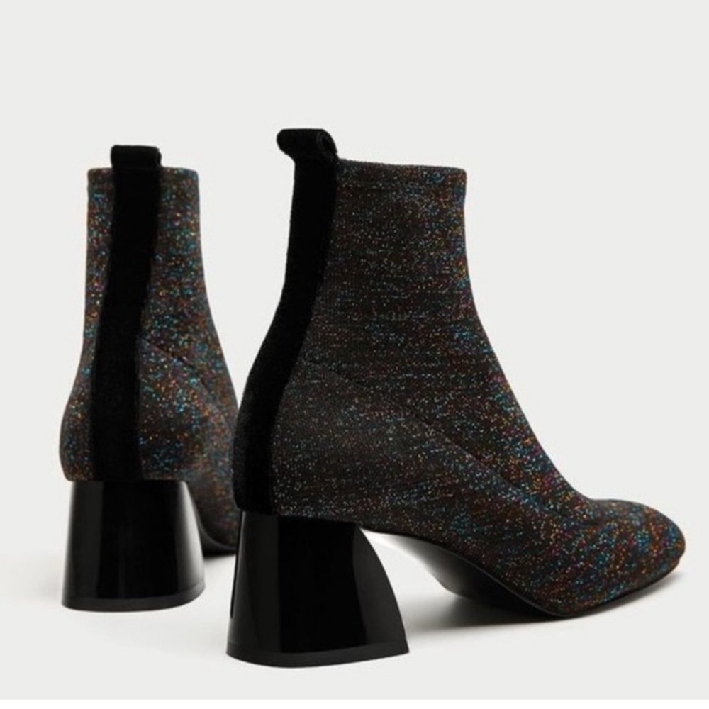 ZARA Trafaluc Black Multicolor Glitter Fitted Fabric Sock Ankle Boots Block Heel
